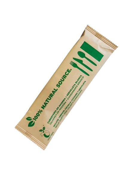 Set de cubiertos de madera mas servilleta blanca 500 uds